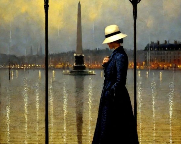 Woman in Blue Coat Gazing at Obelisk Reflection