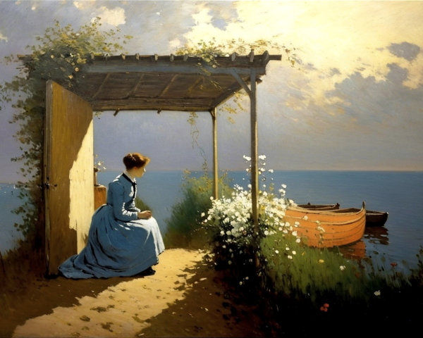 Serene Coastal Scene with Woman and Blooming Flowers