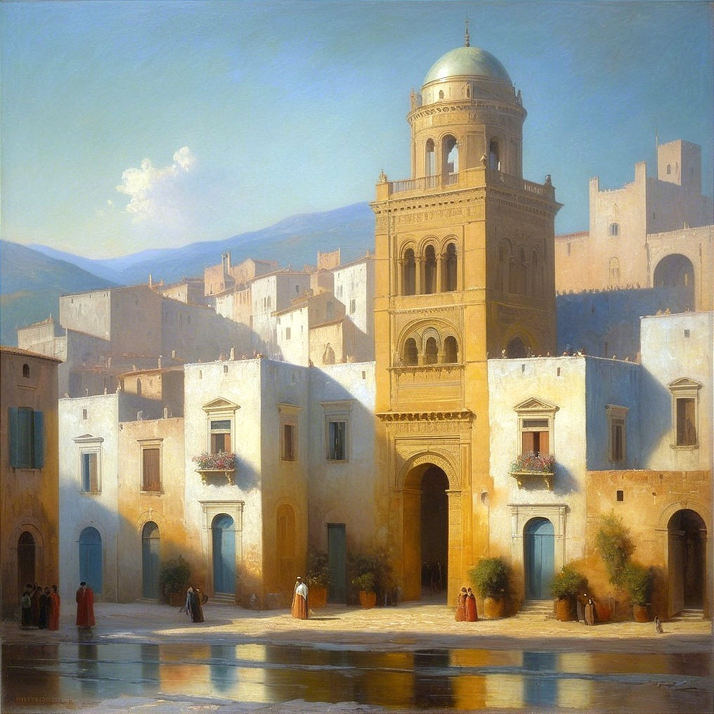 Mediterranean Town with Whitewashed Buildings and Flowers