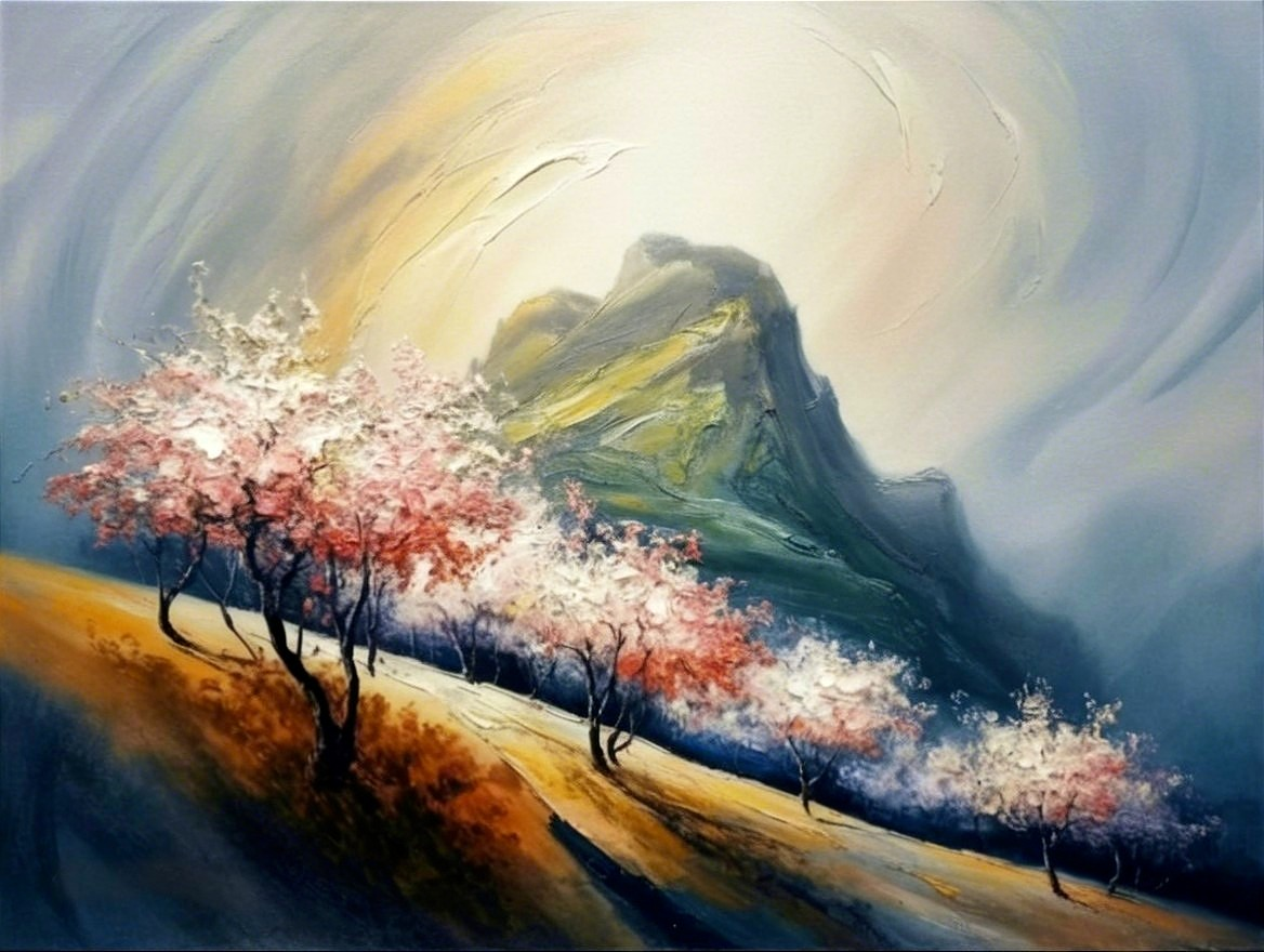Serene Landscape with Hills and Cherry Blossoms