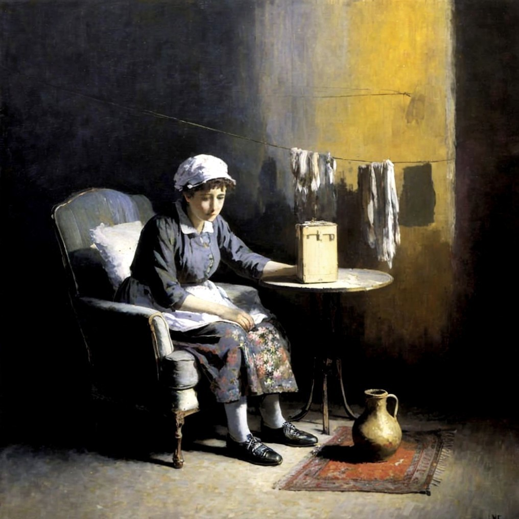 Young woman in apron reflects in dimly lit room