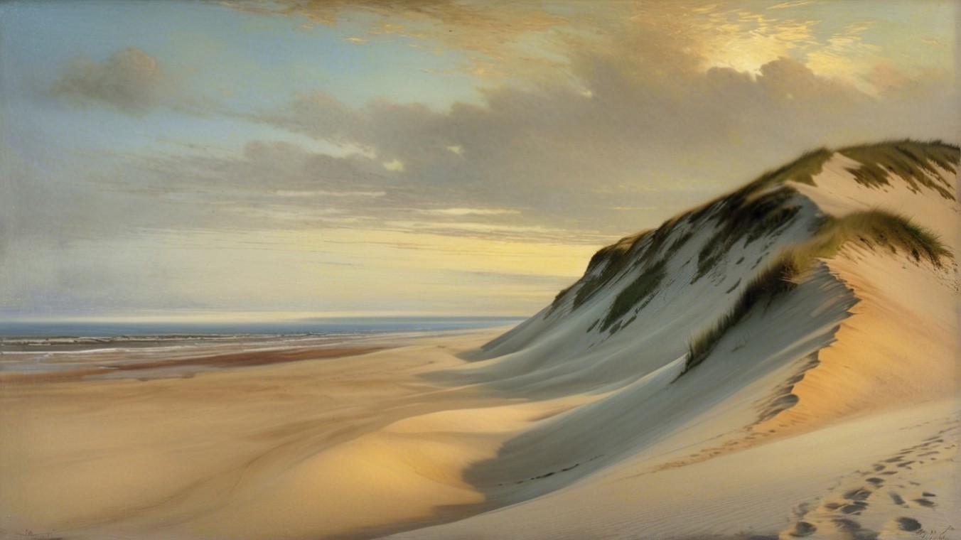 Serene Coastal Landscape at Sunset with Soft Sand Dunes