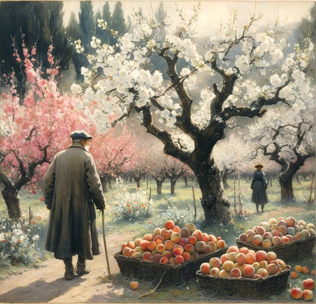 Man Walking in Orchard with Blossoming Trees and Peaches
