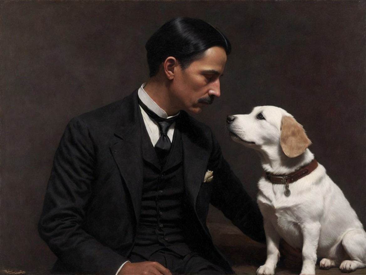 Gentleman in Suit with Dog Against Dark Background