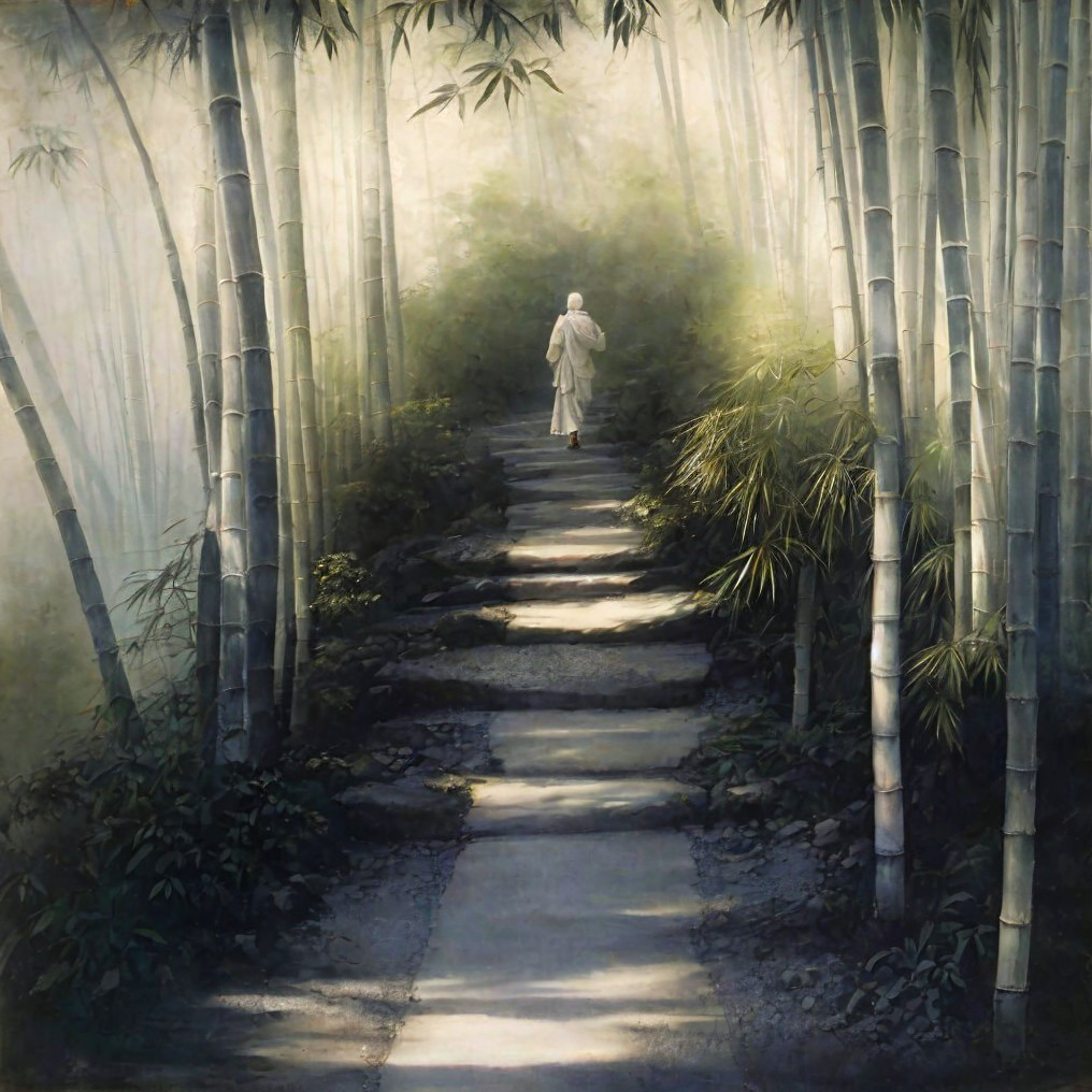 Pathway in a tranquil bamboo forest with misty ambiance
