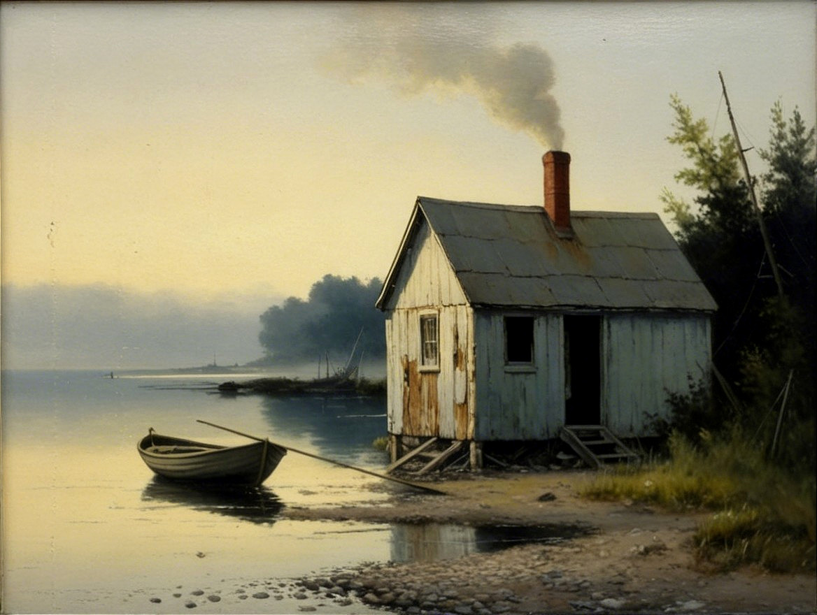 Rustic Cabin by Calm Lake at Dawn with Lush Greenery