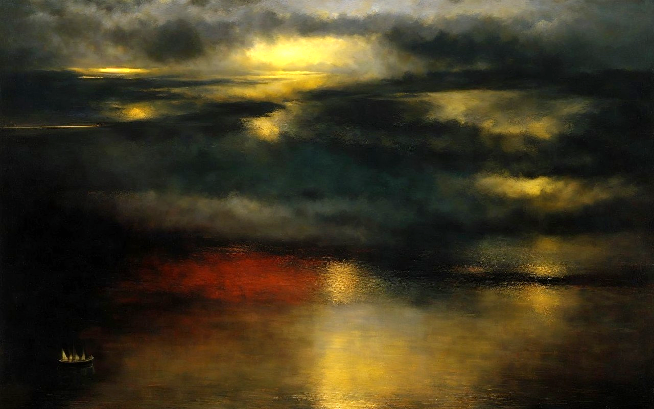 Serene seascape with dramatic sky and sailboat