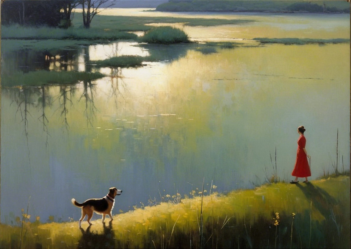 Woman in Red Dress by Tranquil Lake at Dawn