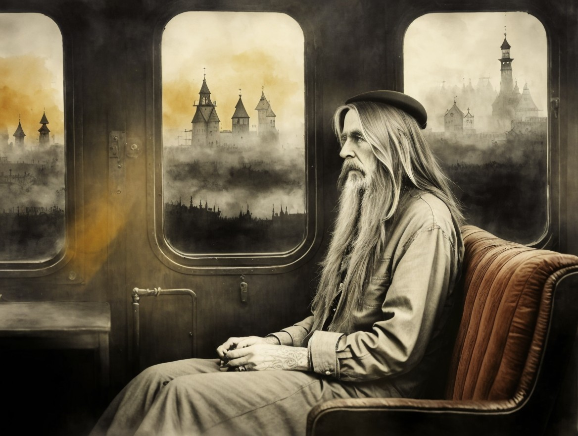 Man in vintage train carriage gazes at misty landscape