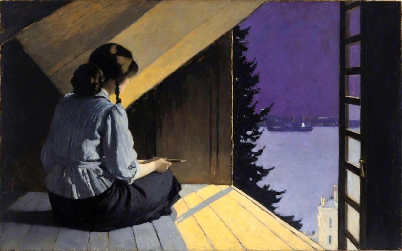 Girl with Braided Hair by Open Window at Dusk