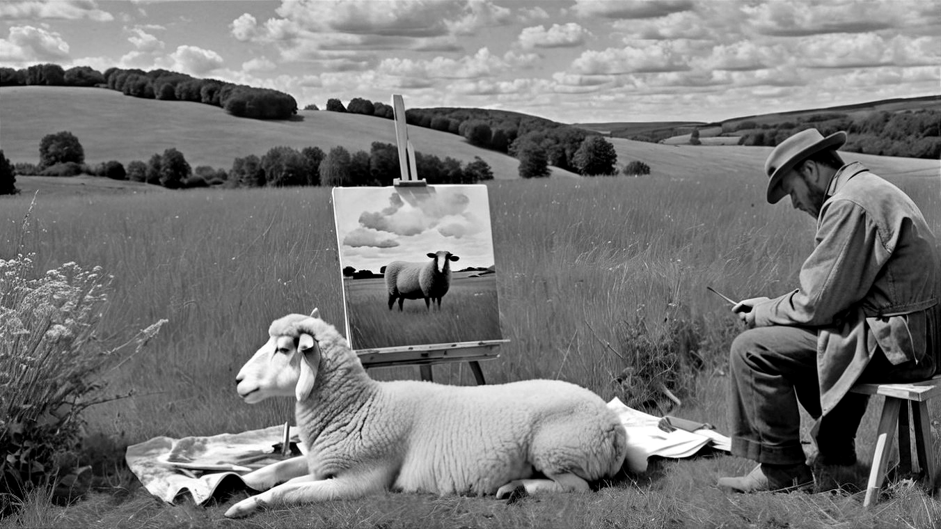 Black-and-white Landscape with Man Painting Sheep
