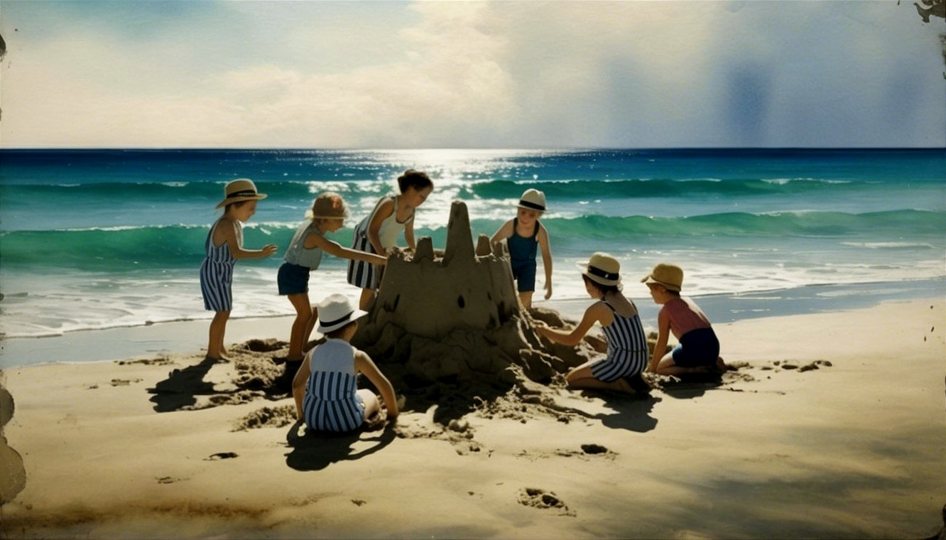 Children Building a Sandcastle on a Sunny Beach