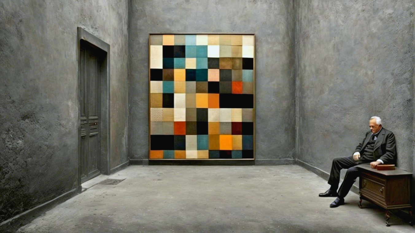 Elderly Man Contemplates Colorful Artwork in Gray Room