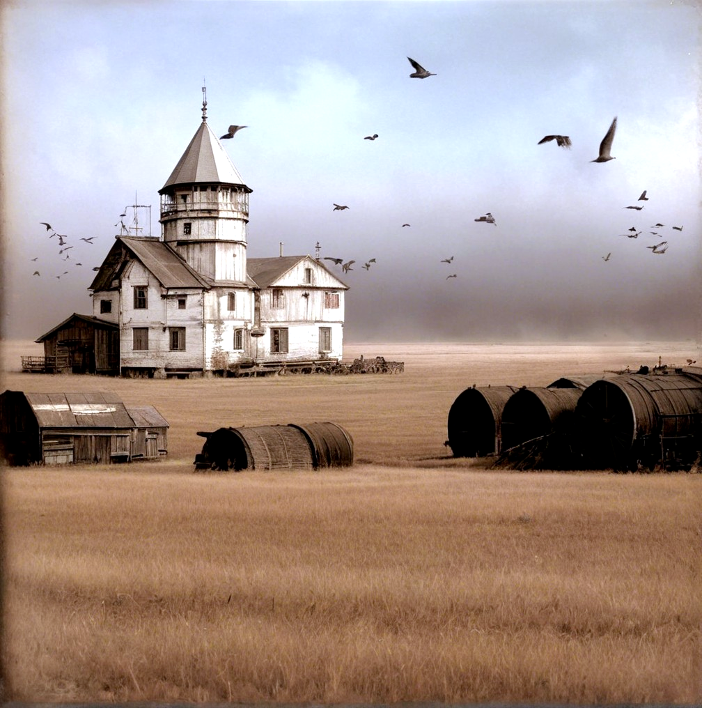 Weathered Farmhouse in Golden Fields with Silos