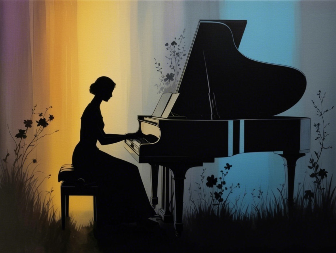 Silhouette of Woman Playing Piano with Pastel Background