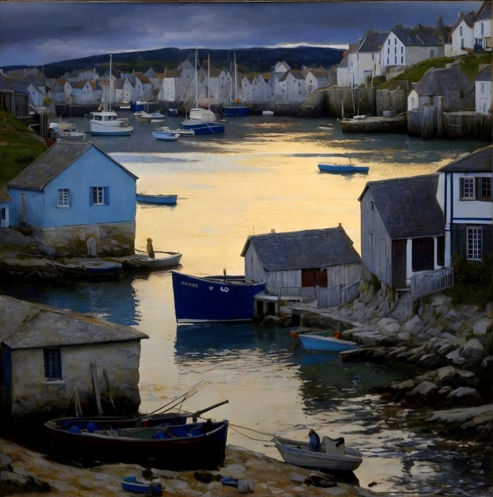 Harbor Scene with Cottages and Boats at Twilight