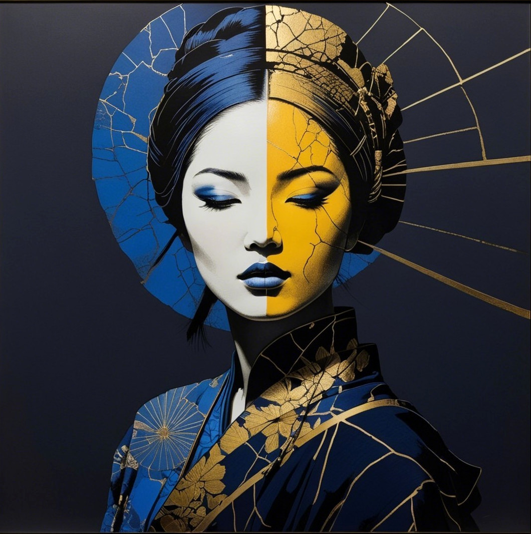 Digital painting of Asian woman with split face colors