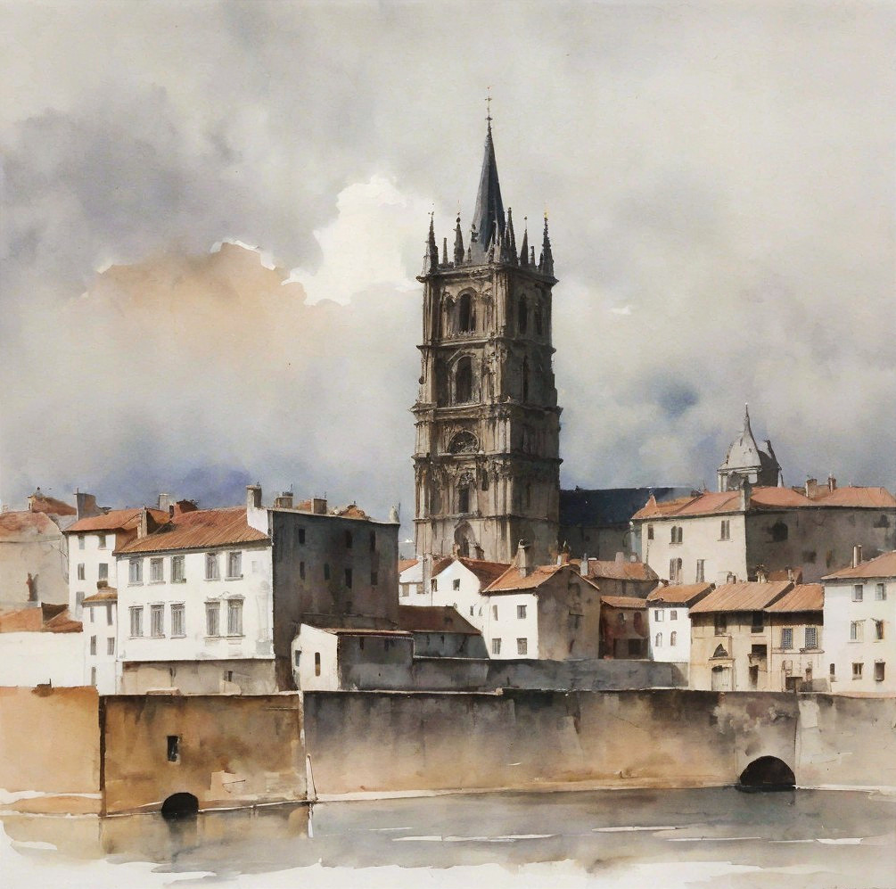 Watercolor of a tranquil riverside town scene