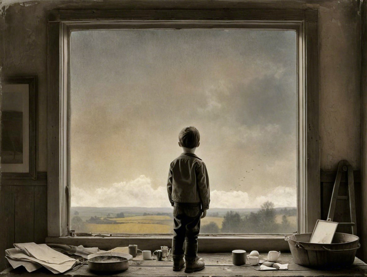 Child gazing out at a moody landscape from indoors