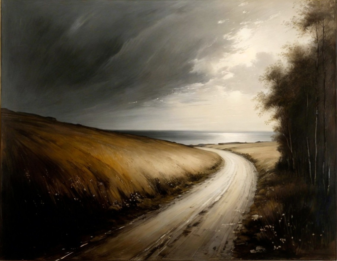 Winding Road Through Tranquil Landscape and Sea