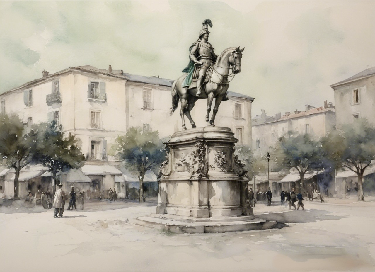 Vibrant Watercolor of a Town Square with Equestrian Statue