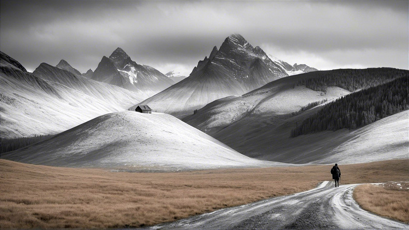 Solitary Figure on Winding Road in Monochrome Landscape