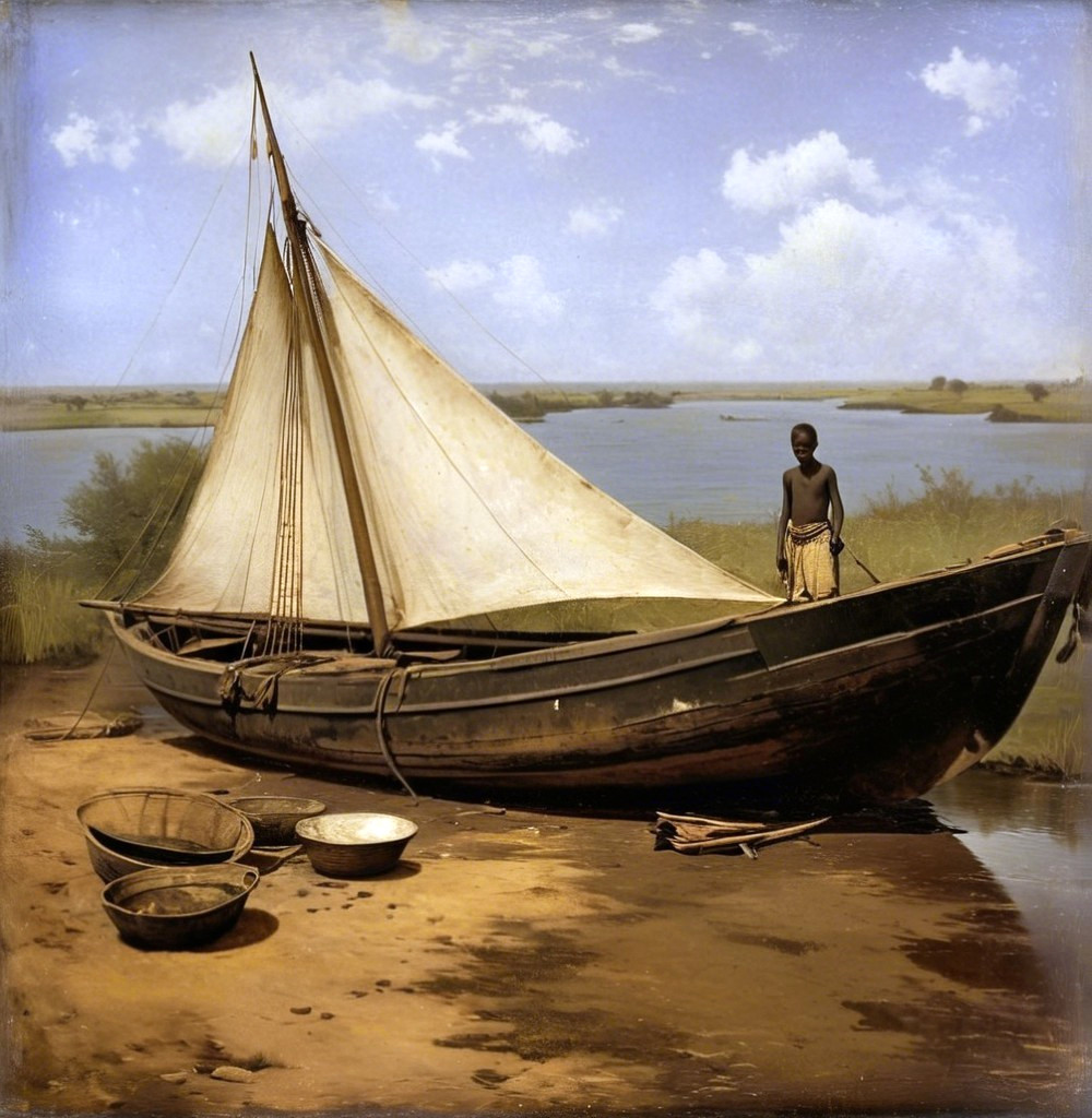 Serene Riverside Scene with Sailboat and Lush Greenery