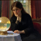 Young woman with dark hair gazes at crystal ball in sunlight.