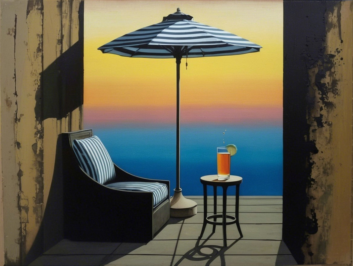 Serene Outdoor Scene with Umbrella and Cozy Chair