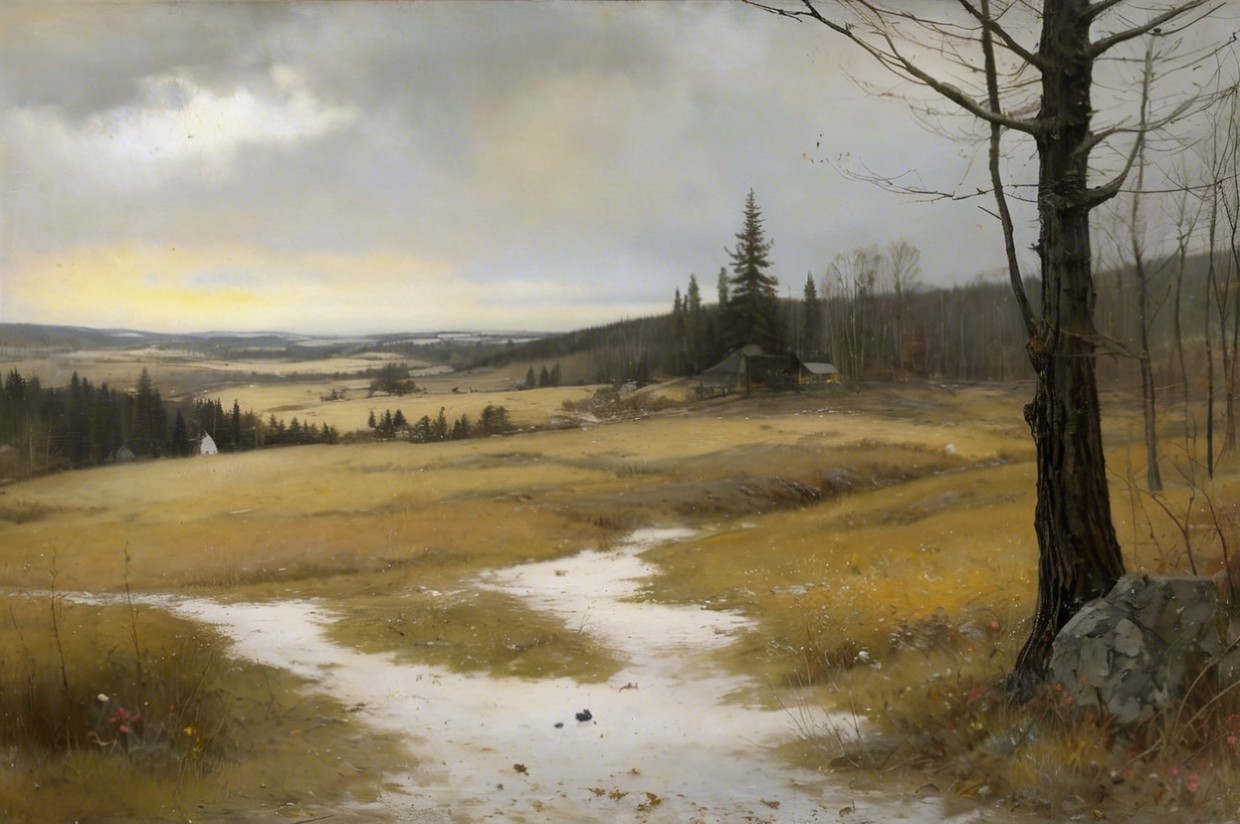 Serene landscape with winding path in golden meadow