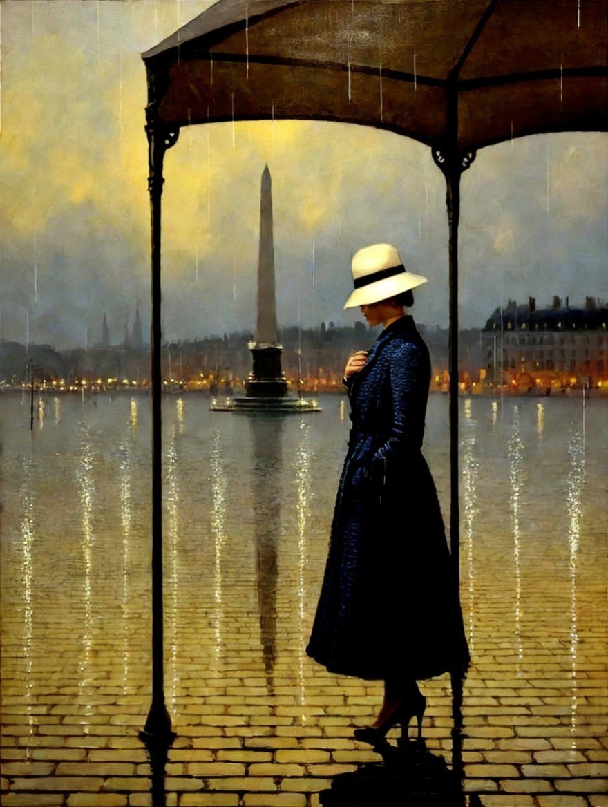 Woman in Blue Coat Gazing at Obelisk Reflection