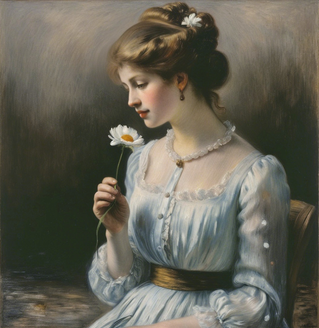 Close-up portrait of a young woman with a daisy