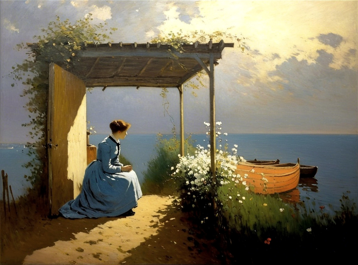 Serene Coastal Scene with Woman and Blooming Flowers