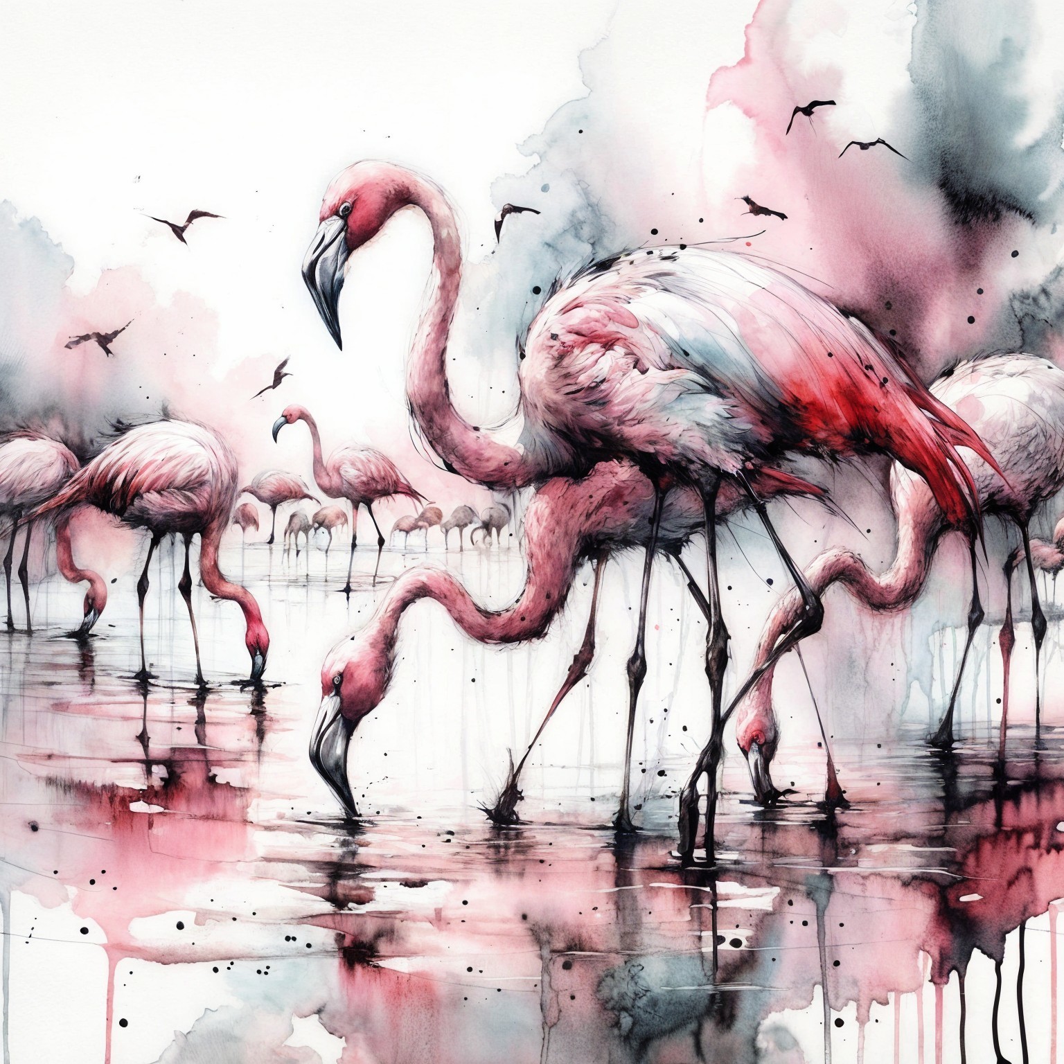 Flamingos in Serene Water with Soft Pink Hues