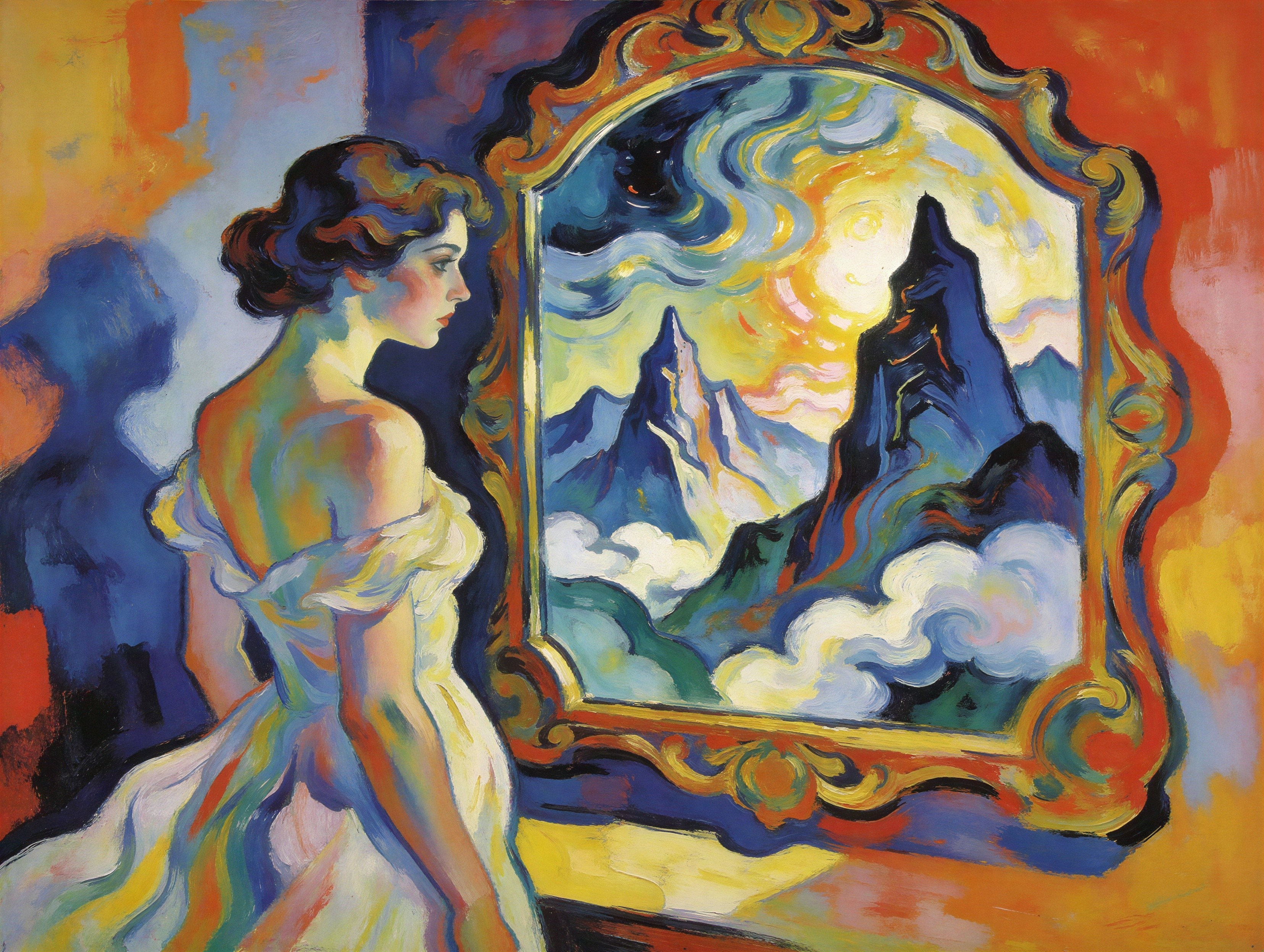 Expressionist Oil Painting of Woman and Mountain Landscape
