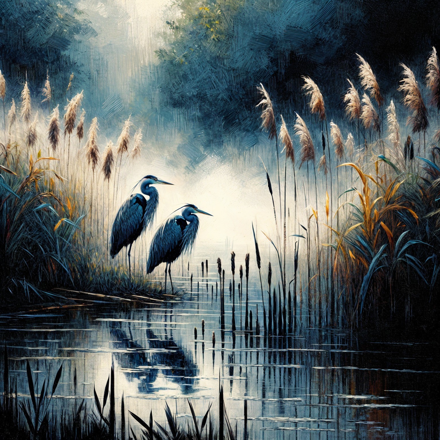 Serene Landscape with Herons by Calm Waterway