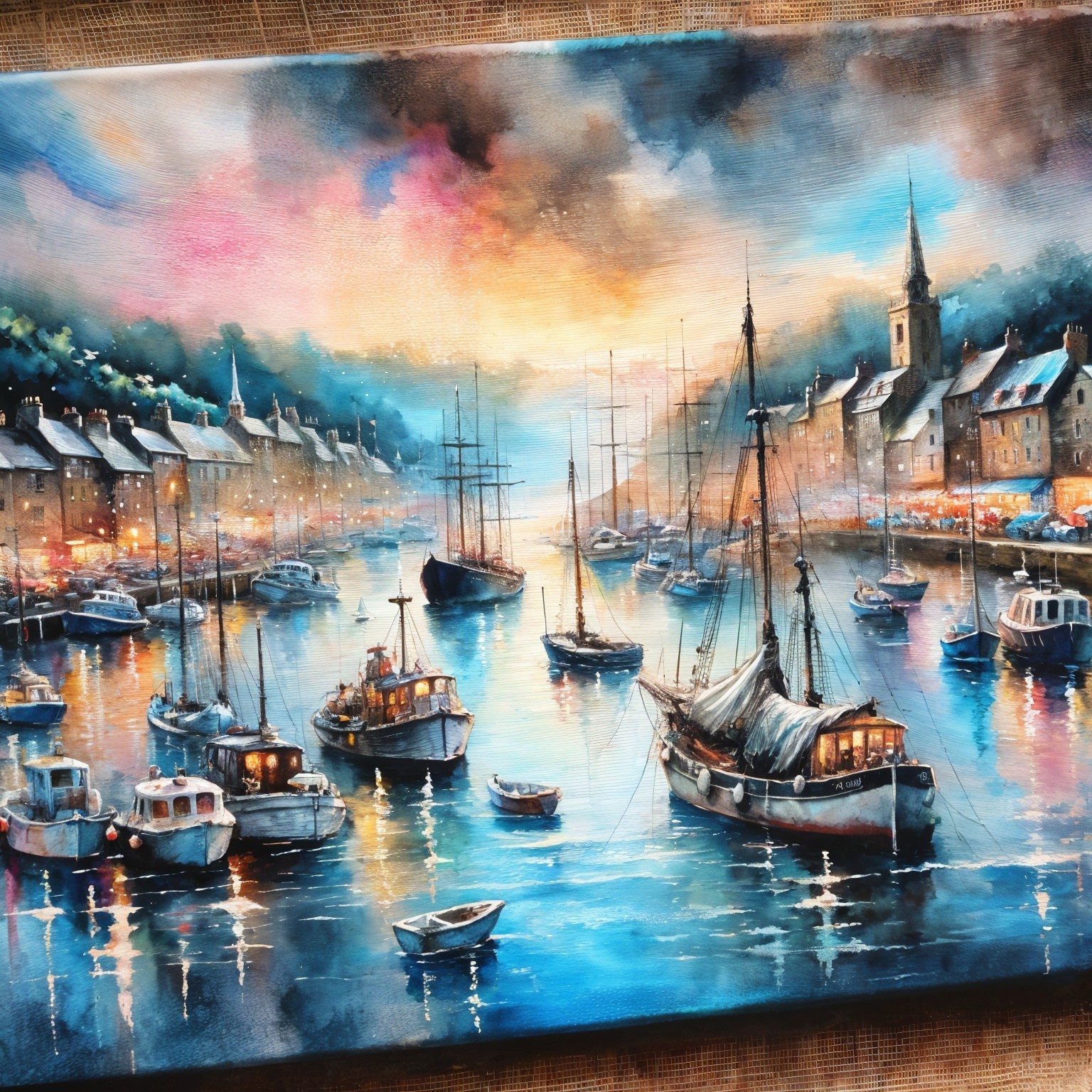 Twilight Coastal Harbor with Boats and Charming Buildings