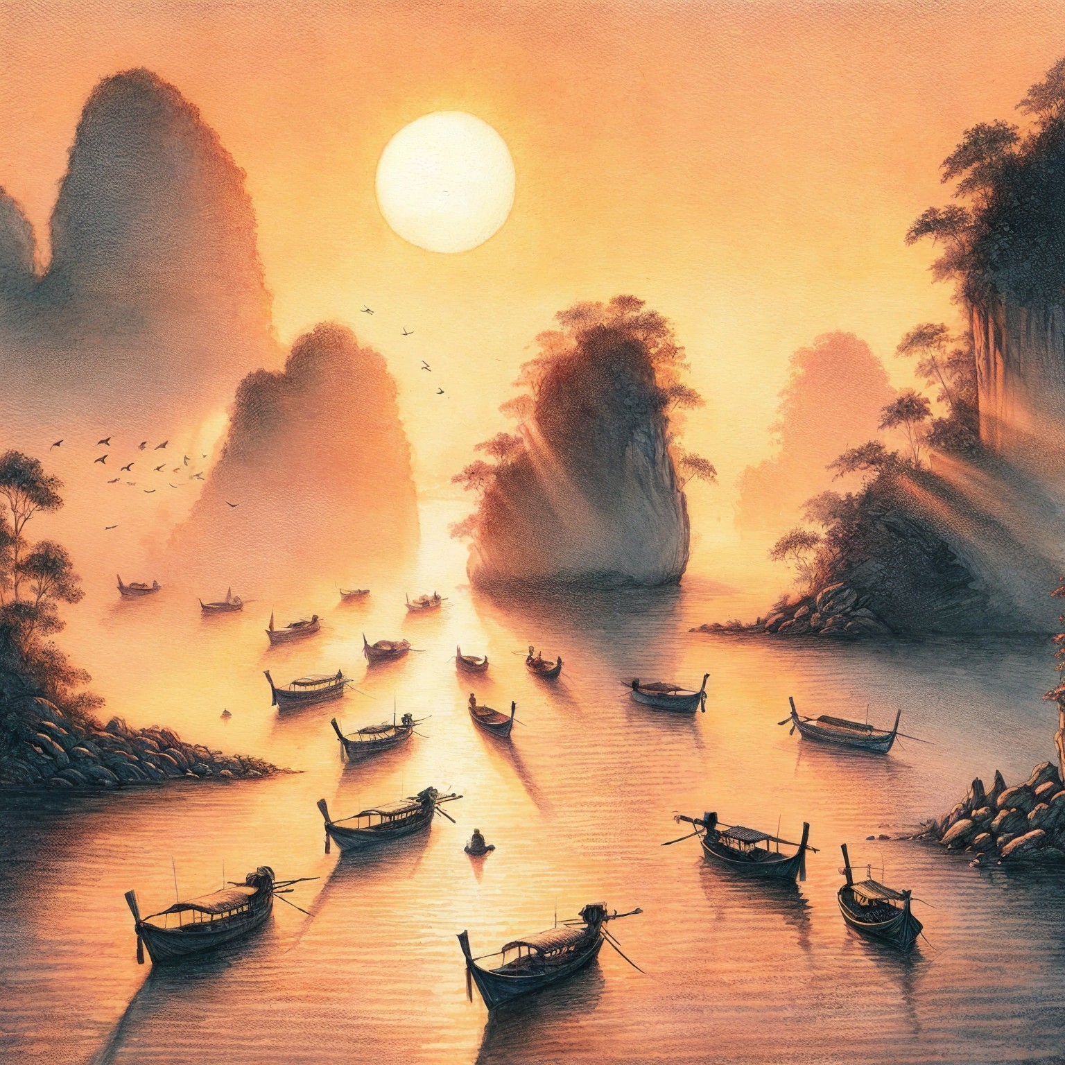 Serene Sunset Over Tranquil Bay with Silhouetted Mountains