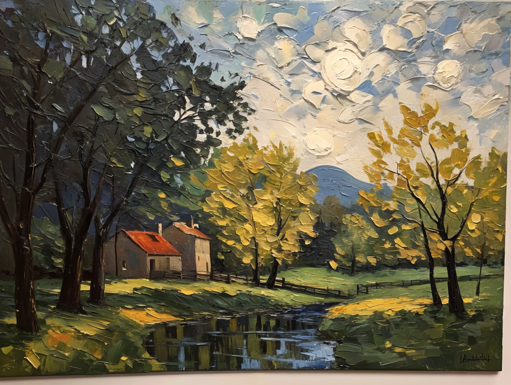 Serene Autumn Landscape with Rustic Houses and Stream
