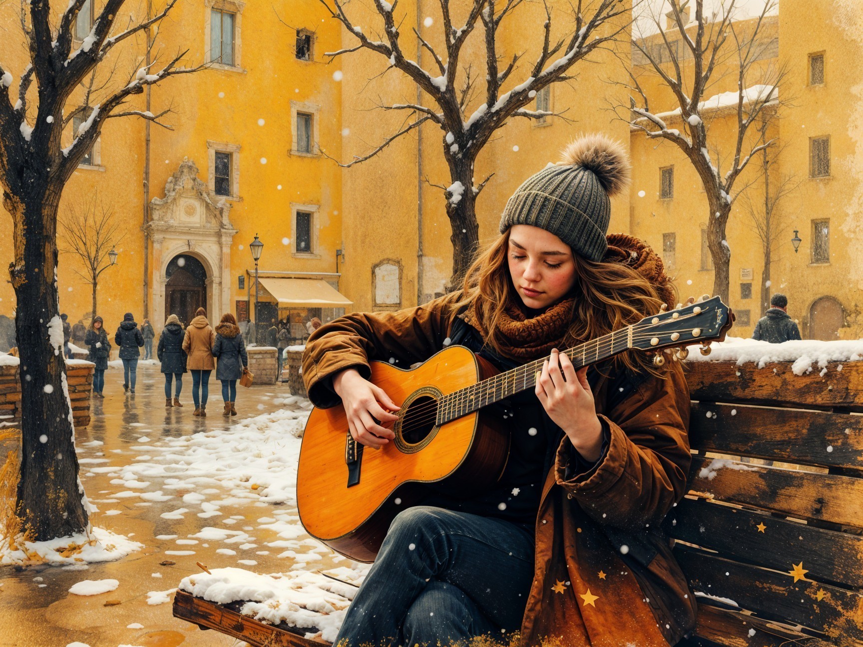 Young Woman Playing Guitar in Snowy Scenic Setting