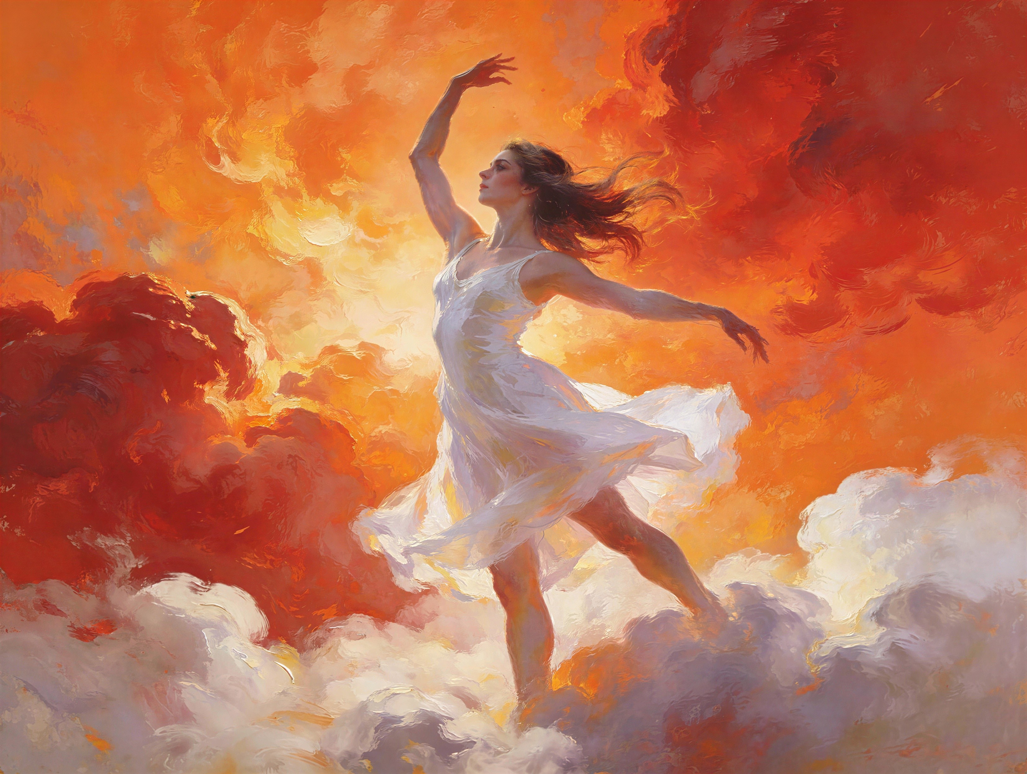 Ballerina in Abstract Clouds with Fiery Sunset Background