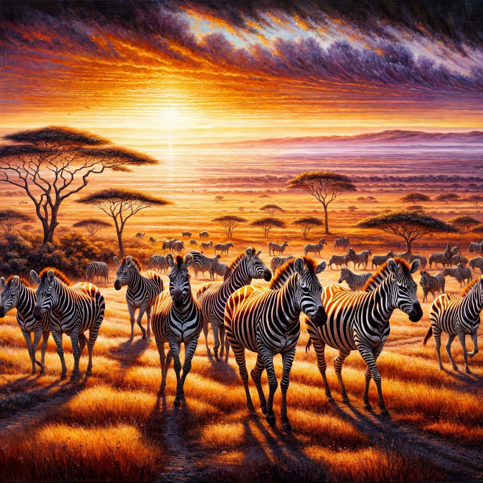 Sunset Over Savanna with Grazing Zebras and Acacia Trees