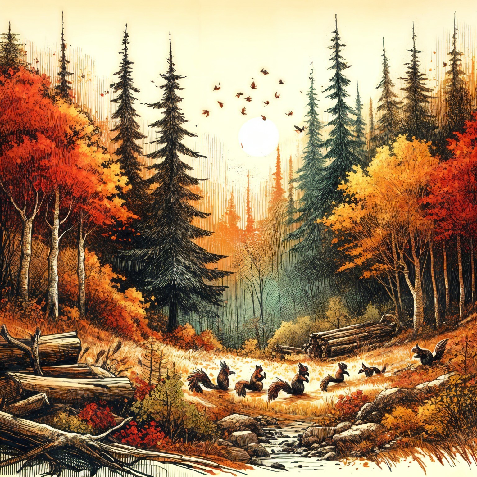 Autumn Forest Scene with Vibrant Leaves and Wildlife