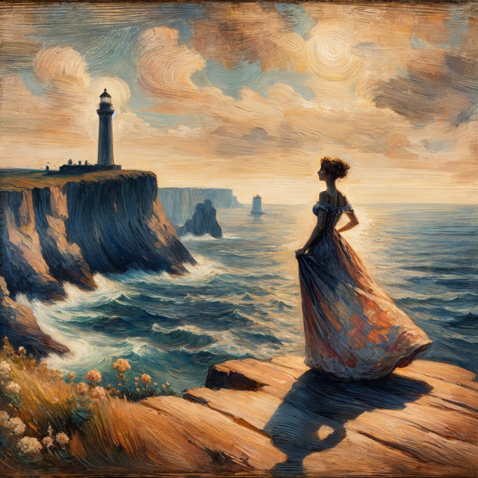 Coastal Scene with Woman on Cliff at Sunset