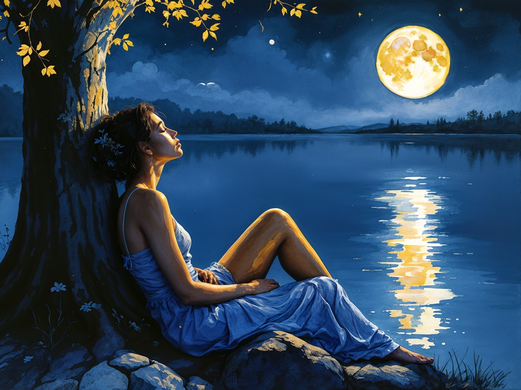 Woman in Blue Dress by Tranquil Lake at Night