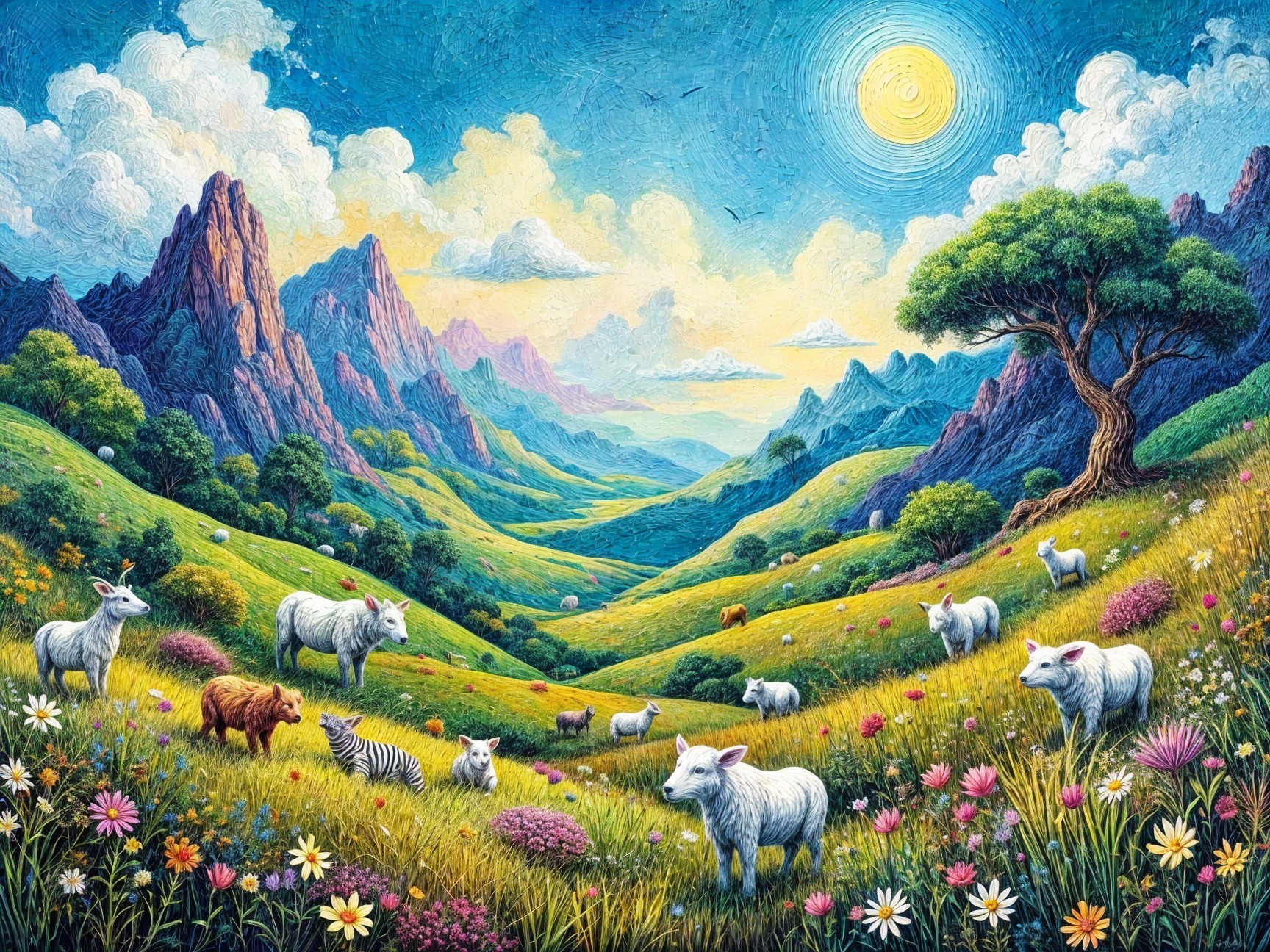 Vibrant Landscape with Hills, Mountains, and Wildlife