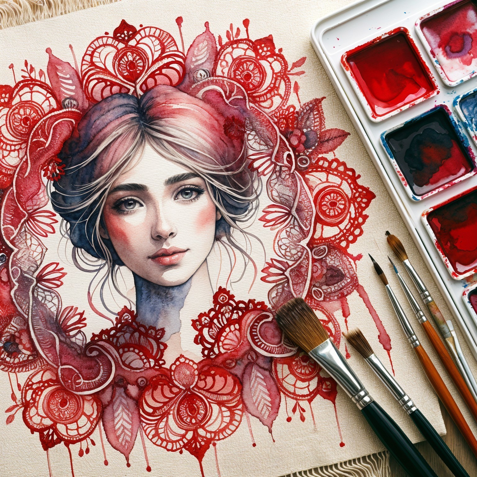 Watercolor Portrait of a Young Woman with Lace Patterns