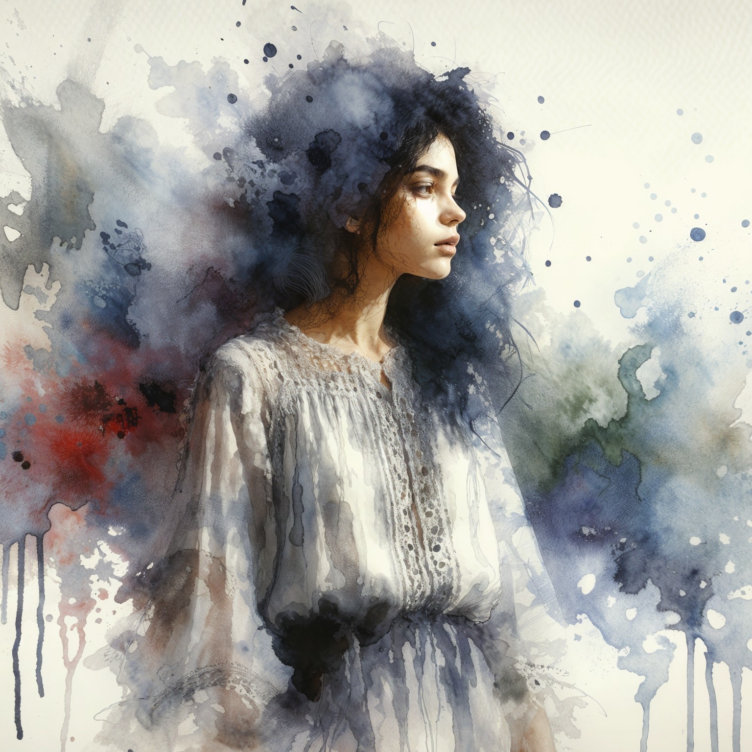 Young woman with textured hair in watercolor setting