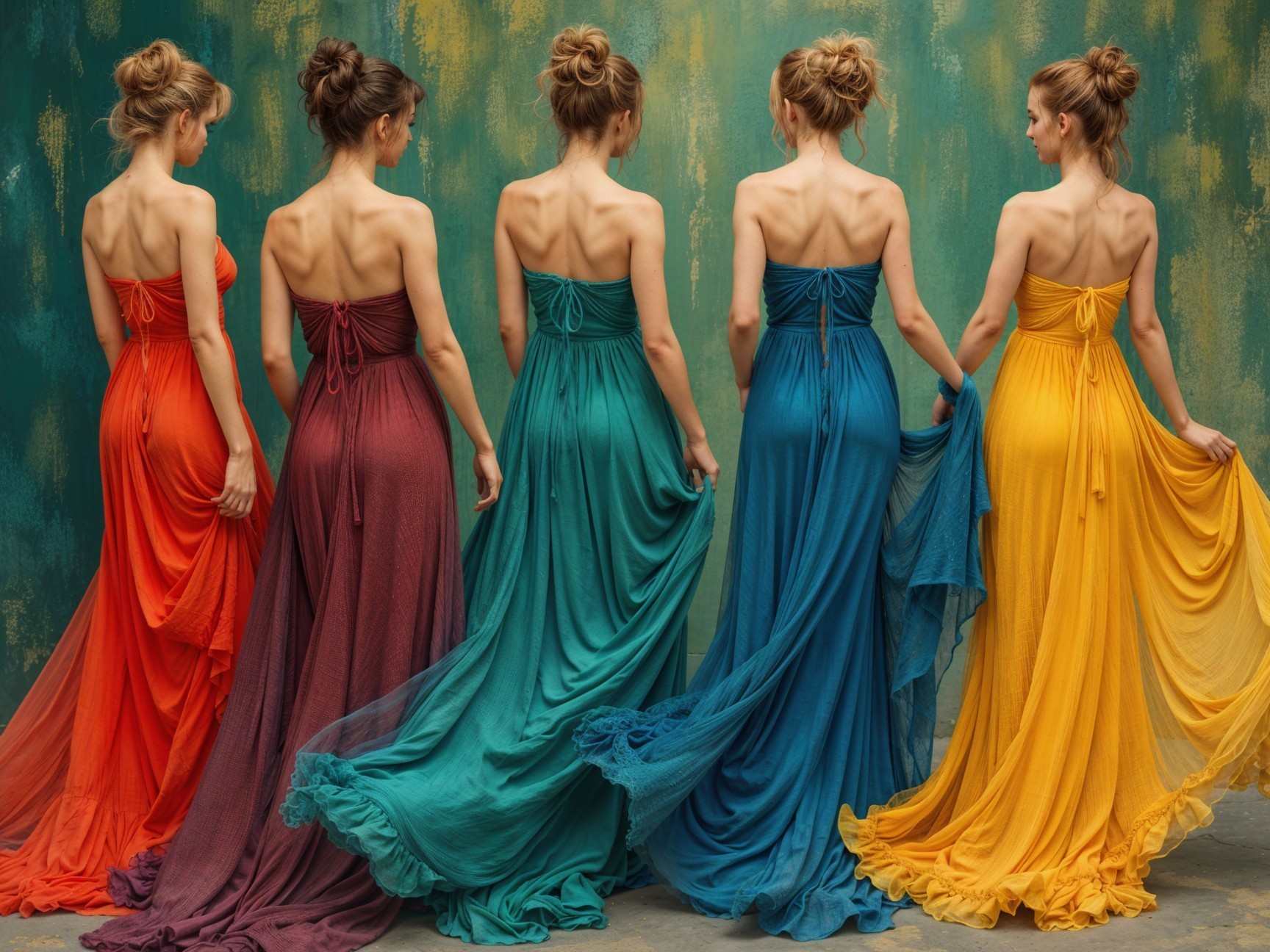 Five Women in Colorful Strapless Dresses Against Green Backdrop