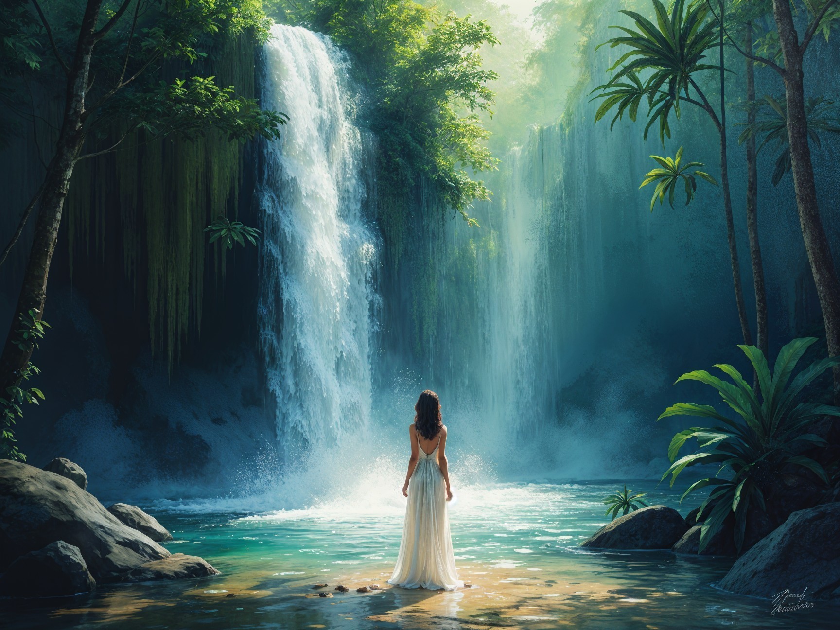 Majestic waterfall and tranquil pool in lush greenery